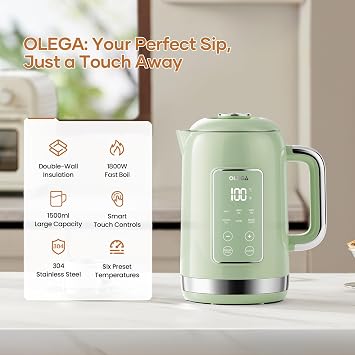 OLEGA Electric Kettle Temperatire Control: 1800W Electric Tea Kettles 1.5L Stainless Steel Tea Kettle Smart Kettle Hot Water Boiler Teapot, Digital Display, 6 Temperature Presets (Green)