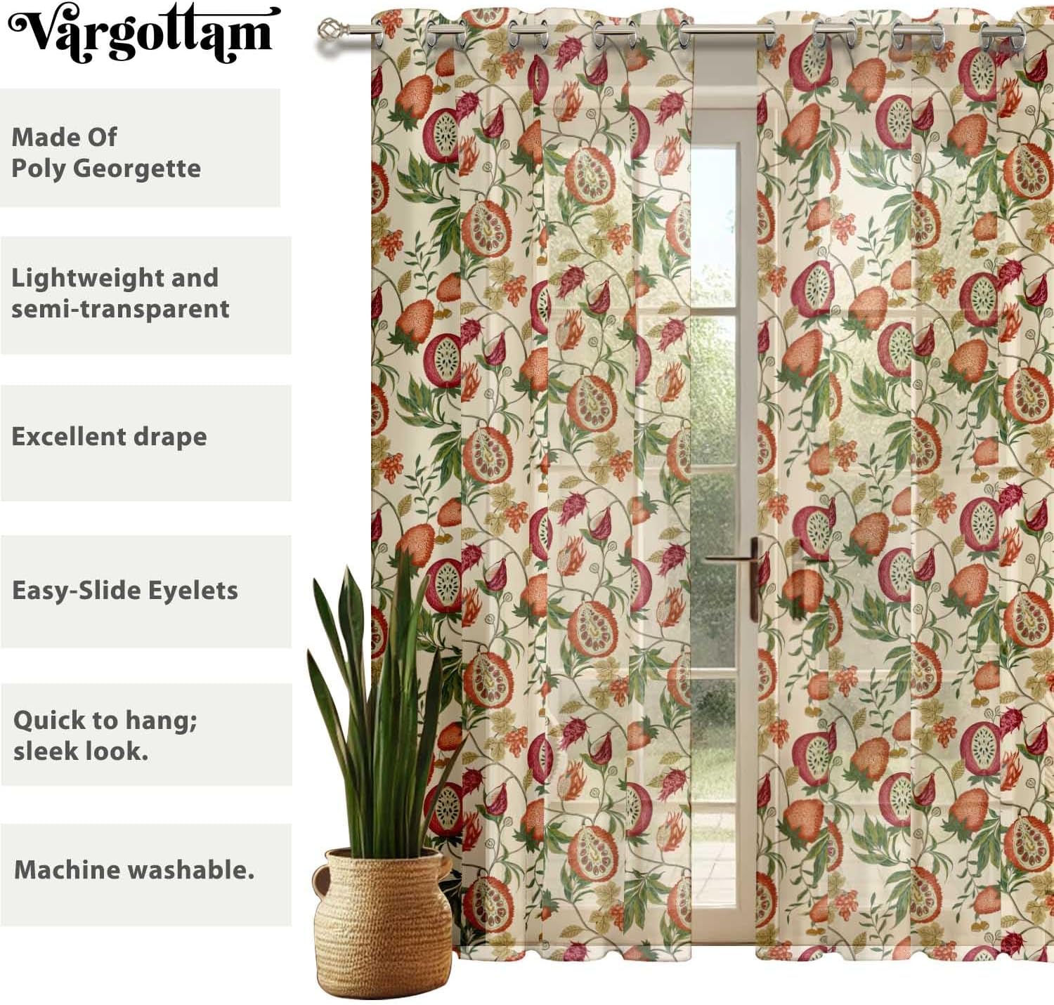 Fruits Print Sheer Curtains for Short Windows - Set of 2 Panels, 63", Grommet Top, Printed Georgette, Light Filtering Drapes for Kitchen or Bedroom