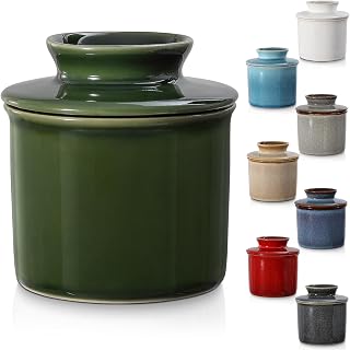 Green French Butter Dish，Handmade Reactive Glaze Ceramic Butter Crock with Water Line for Speradable Fresh Butter