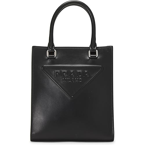 Prada, Pre-Loved Black Calfskin Embossed Logo Tote Mini, Black