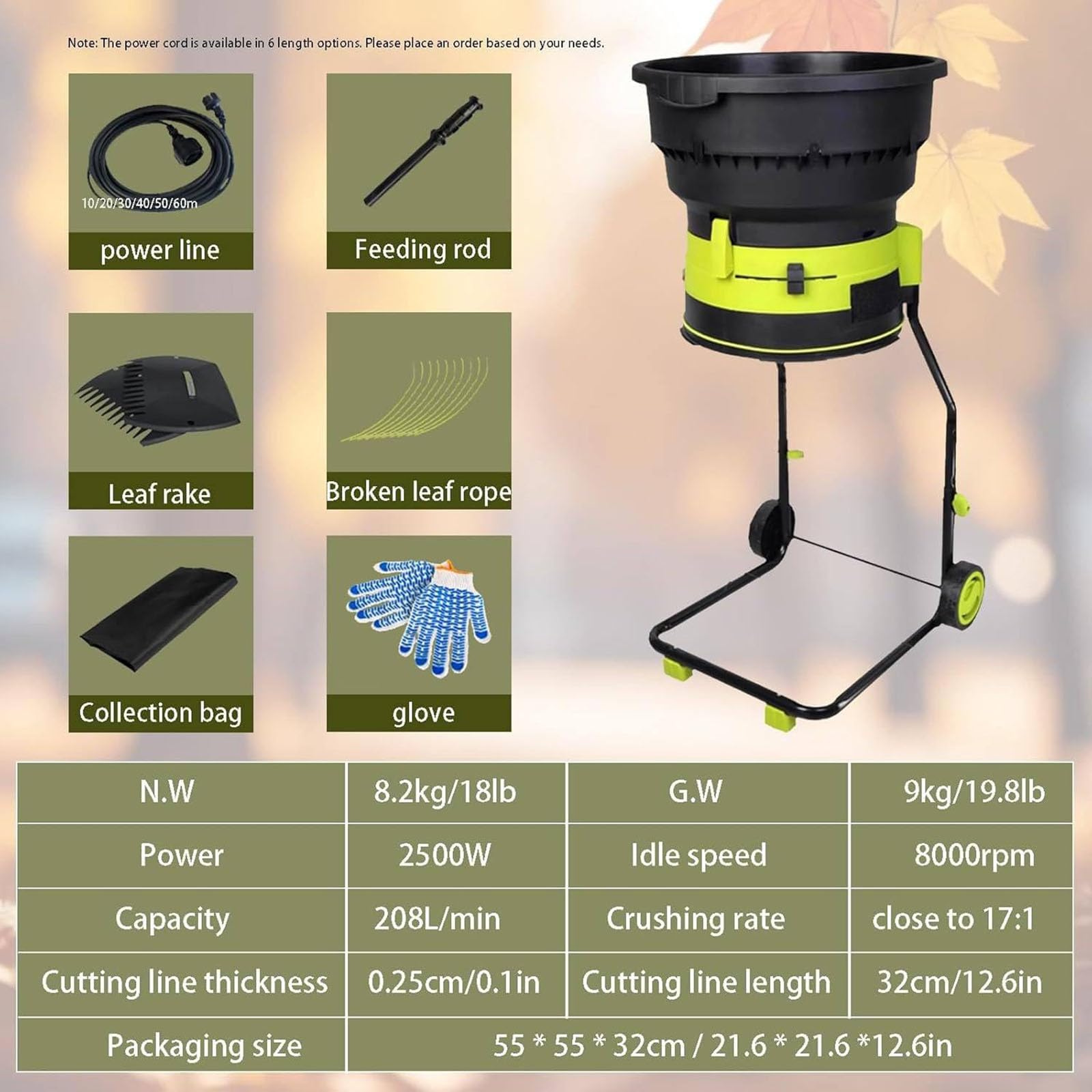 Rozdrabniacz odpadów ogrodowych 2500 W, zsyp paszowy 54 cm, współczynnik redukcji 17:1, 8000 obr./min, narzędzie do kompostowania do wydajnego recyklingu i zbierania zanieczyszczeń
