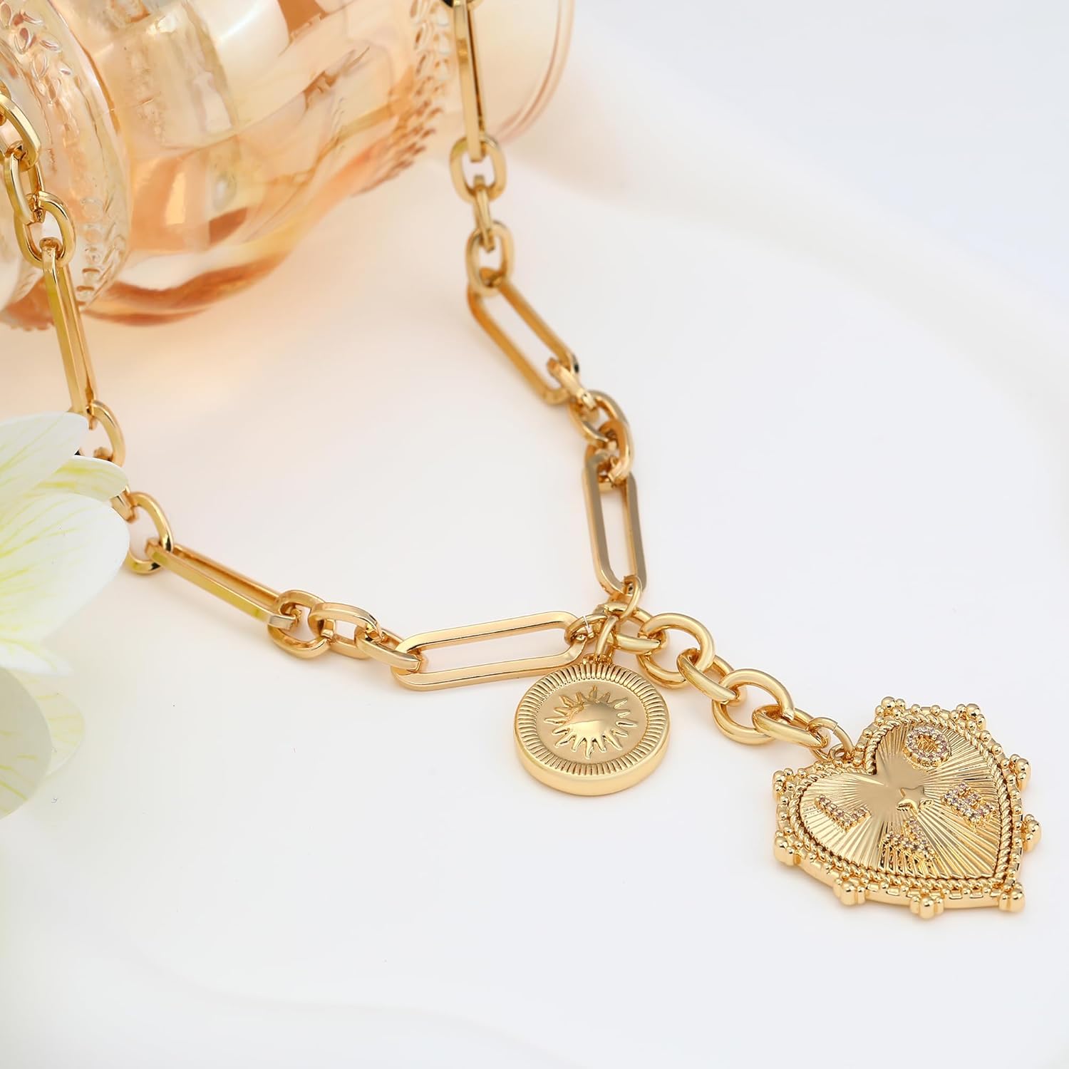 MISS RIGHT Gold Love Heart Sun Charm Chunky Paperclip Chain for Women Trendy 18K Gold Plated Coin Sunflower Pendant Choker Necklace Hip Hop Jewelry Gifts for Her - Image 4