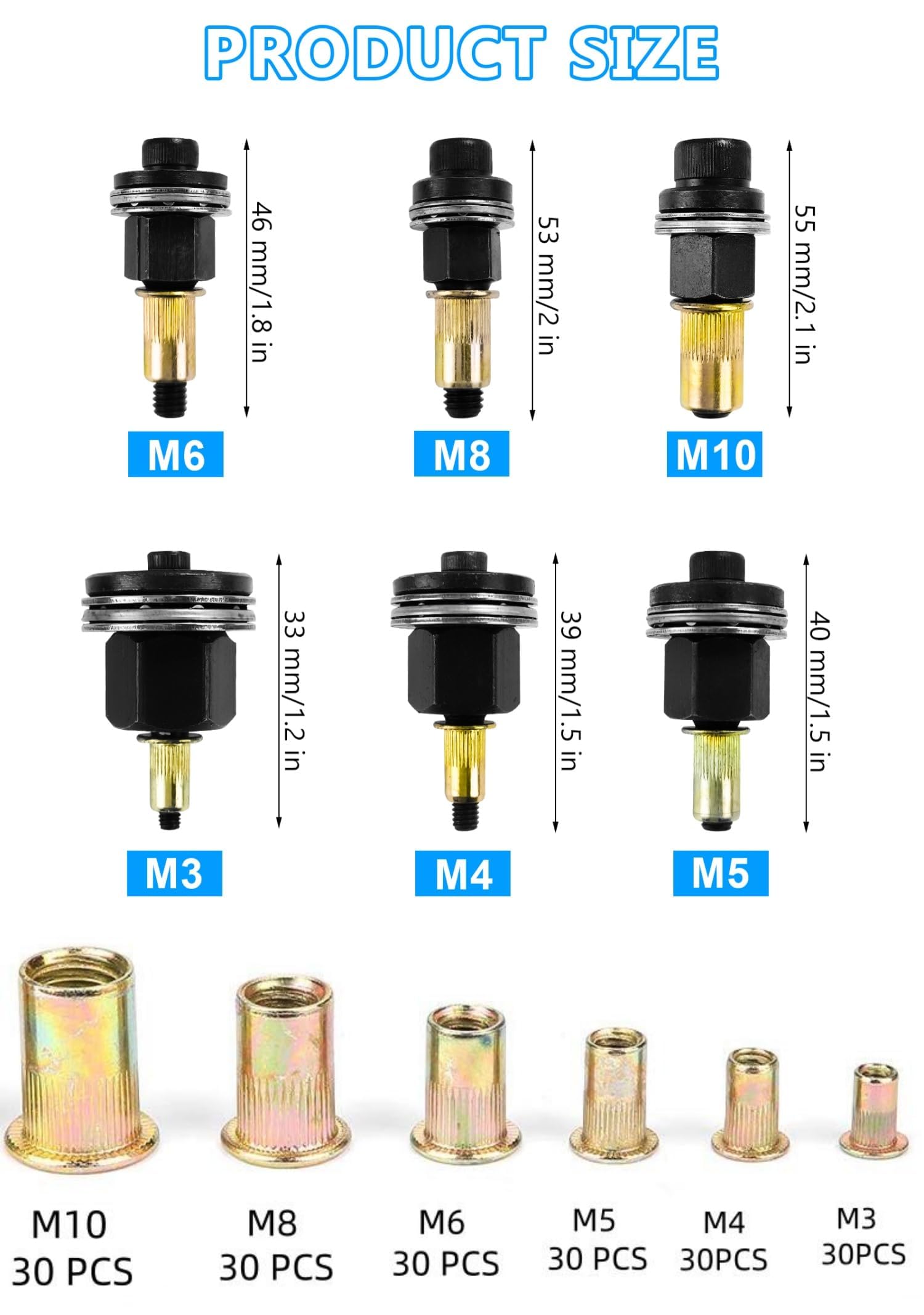 186 Piezas Remaches Roscados Remachadora Manual de Cabezales Kit, Contiene 180 Tuercas, M3, M4, M5, M6, M8, M10, Remachadora de Tuercas Accessori, Juego de Cabezales para Remachar a Mano