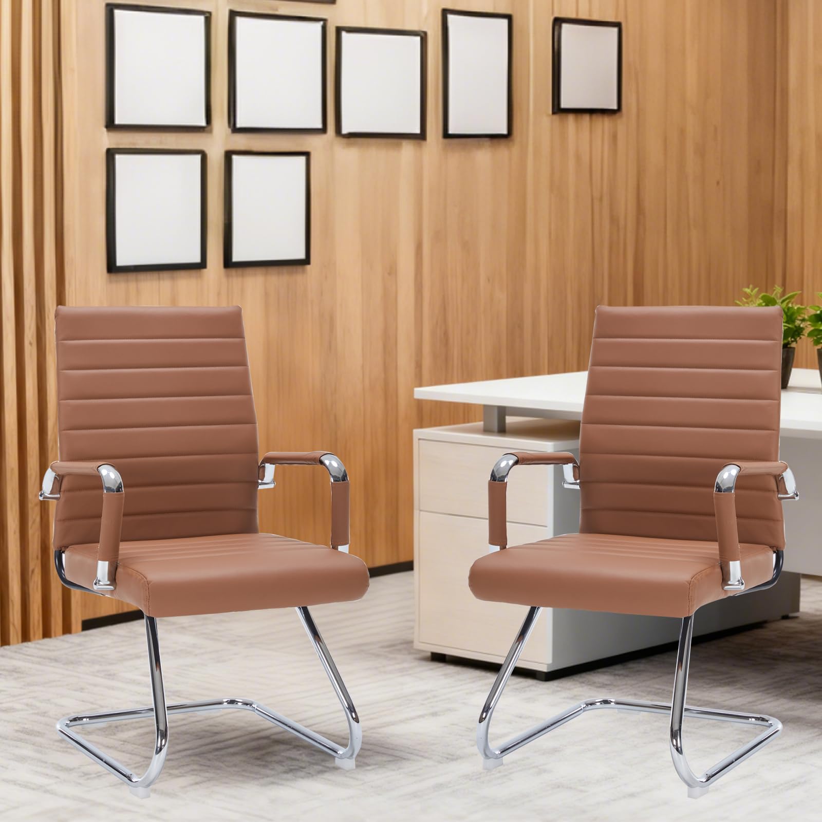 Sidnali Waiting Room Chairs, Office Guest Chair with Sled Base Mid Back for Reception Conference Room, Brown Set of 2