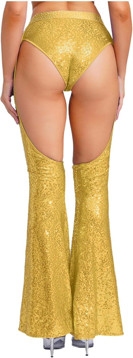 Oyolan Women Flared Pants Hollow Out Design Sequins Elastic Waistband Bell Bottom 70s 80s Disco Costume