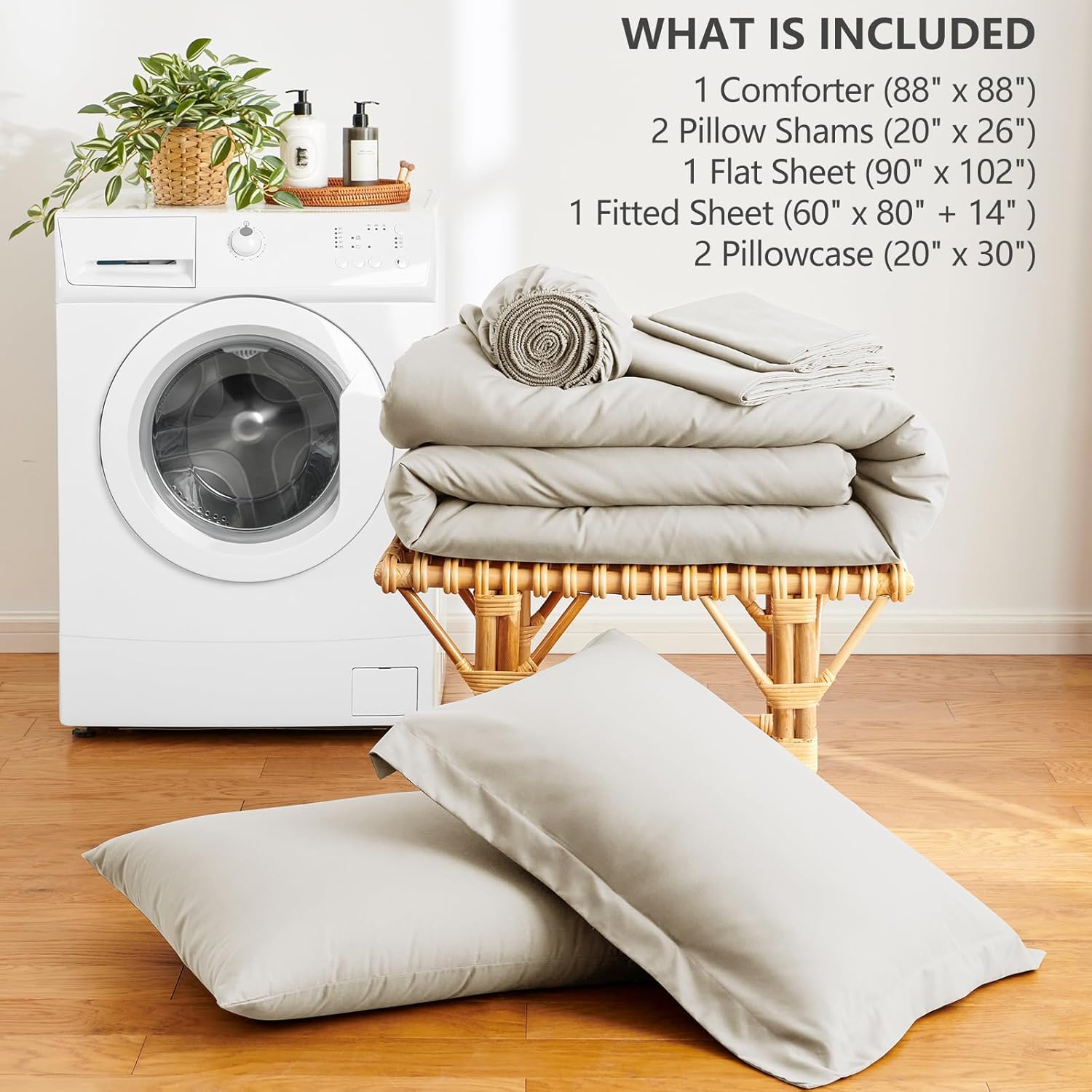 Beige Queen Comforter Set, 7 Pieces Bed in a Bag Queen Lightweight Bedding Set, All Season Soft 7PC Bed Set with Comforter, Flat Sheet, Fitted Sheet, Pillowcases & Pillow Shams - Image 6