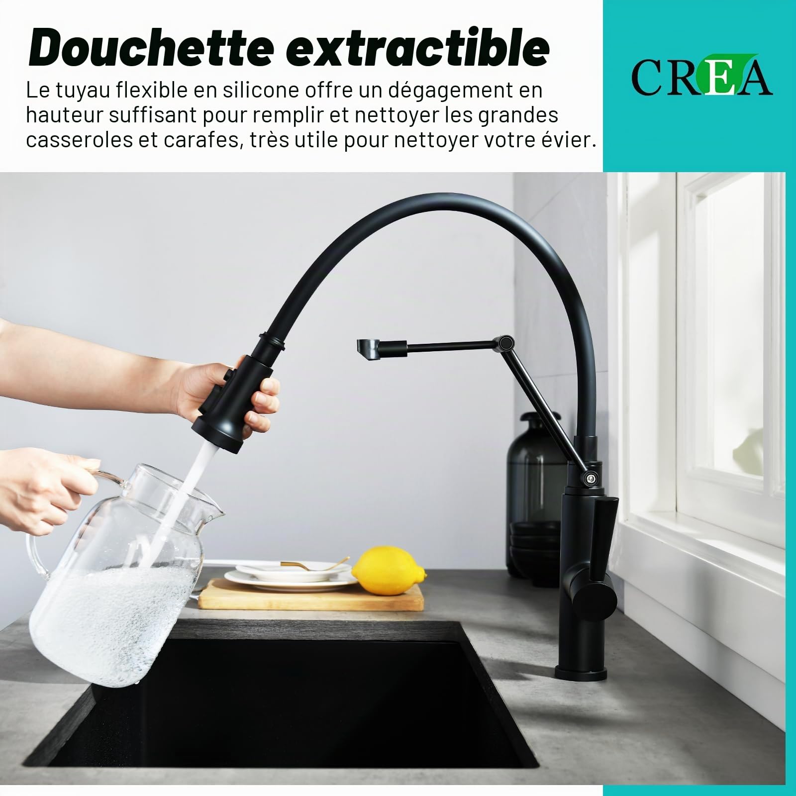 CREA Robinet de Cuisine avec Douchette Rabattable, Mitigeur Monocommande Robinet Évier de Cuisine Haute Pression avec Aimant Rotatif à 360° en Acier Inoxydable Mat Noir