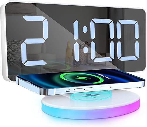 Reloj despertador digital con carga inalámbrica, espejo de escritorio, pantalla grande con luz RGB, alarma dual, repetición, cargador USB, atenuador