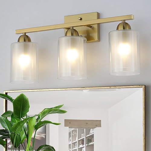 Lámpara de tocador de baño de acero inoxidable sobre el espejo, 3 lámparas de baño de oro cepillado con vidrio de leche y pantallas de vidrio