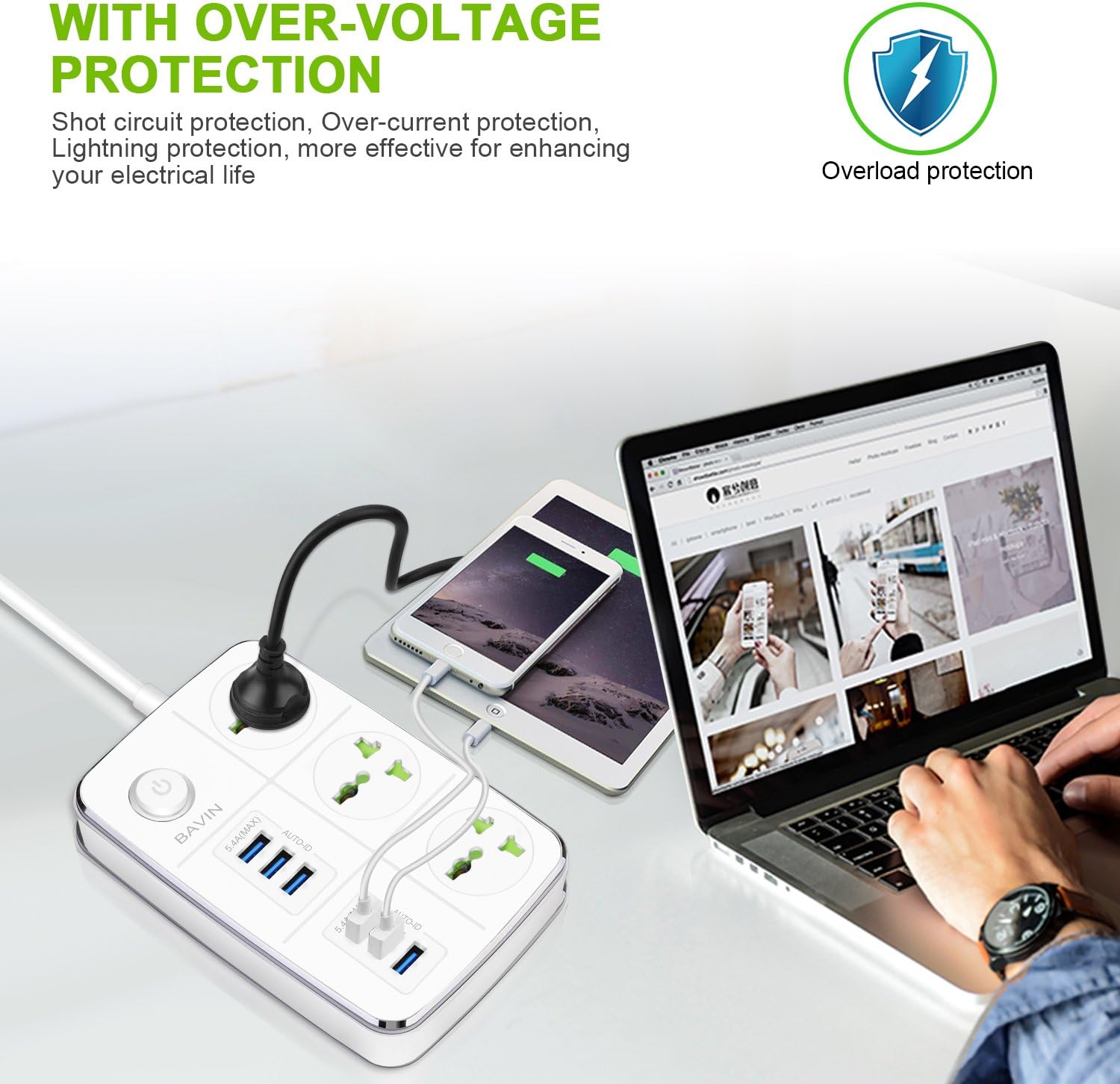 BAVIN 3-Outlet Surge Protector Power Strip with USB Charging 6 Ports 5.4A/27W, 5Ft Heavy Duty Extension Cord-White