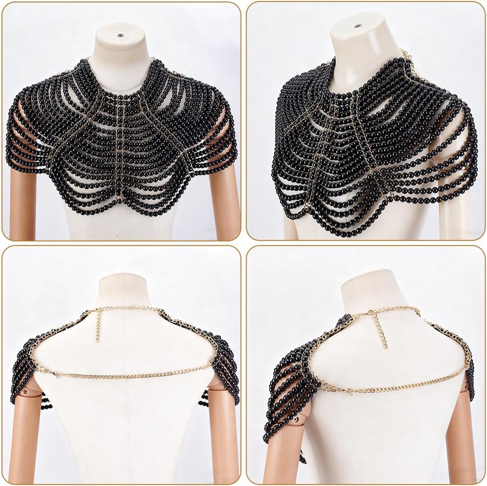 AHANDMAKER Pearls Black Body Chain Shoulder Necklace Adjustable Beaded Bra Chain Resin Gothic Jewelry for Women Party Wedding Backless Dress Costume Decoration 14.25-21.14 Inch