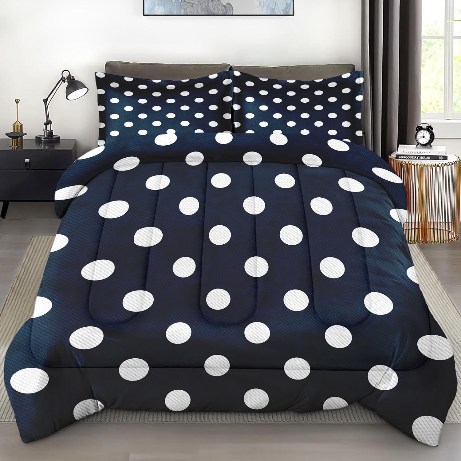 Comforter Set with 2 Pillowcases Queen Size, Retro Blue White Polka Dots, Bed Decor Navy Abstract Chic Classic Circles for Kids and Adults, Soft Cozy Bedroom Bedding Set