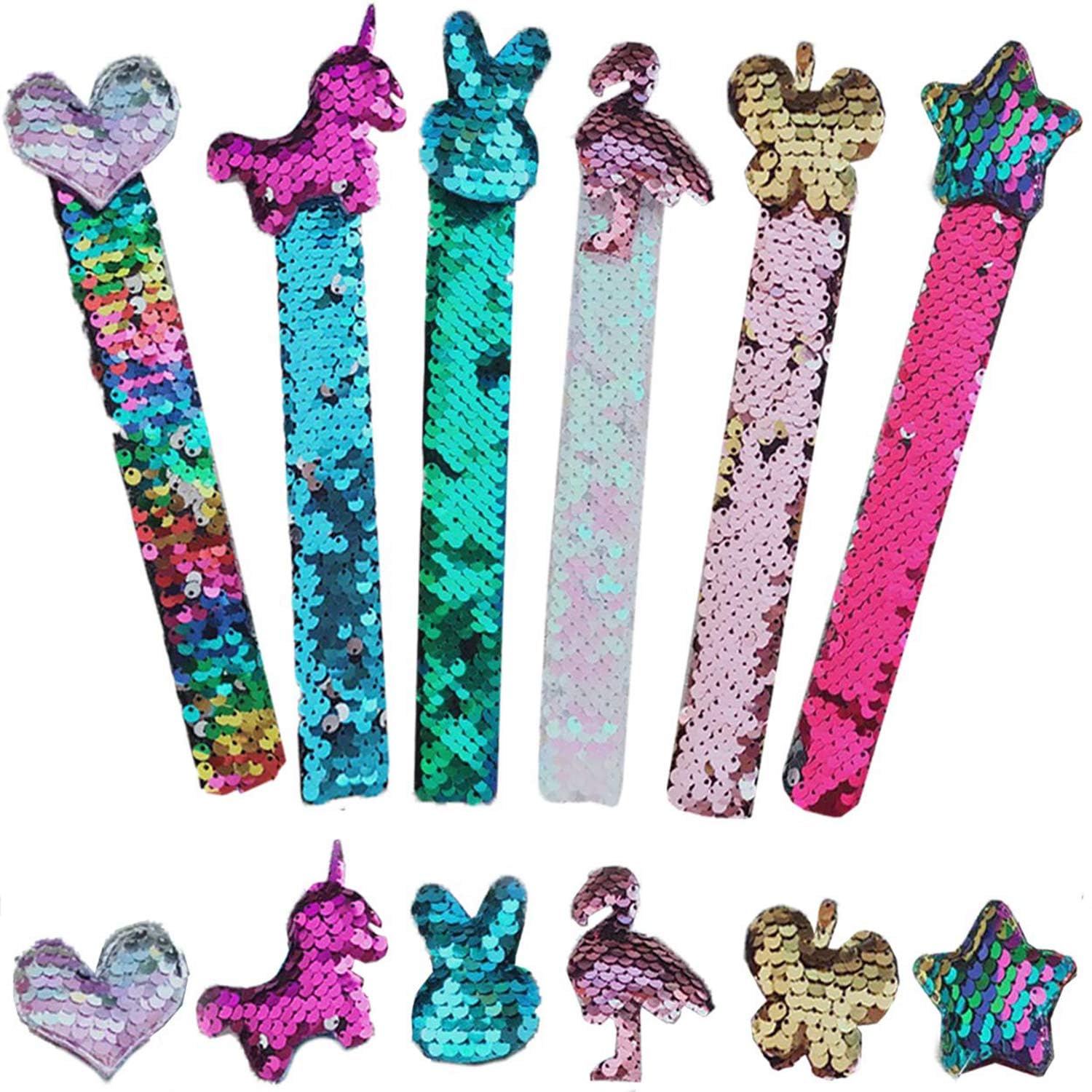 LINKLKBOY Sirena Pulsera,Magic Pulseras Palmada Lentejuela Juguetes22cm x 2.7cm,con Cómodo Forro,Pulseras Slap de Sirena Reversible con Lentejuelas Surtidas para Fiesta y Festival-6 Piezas