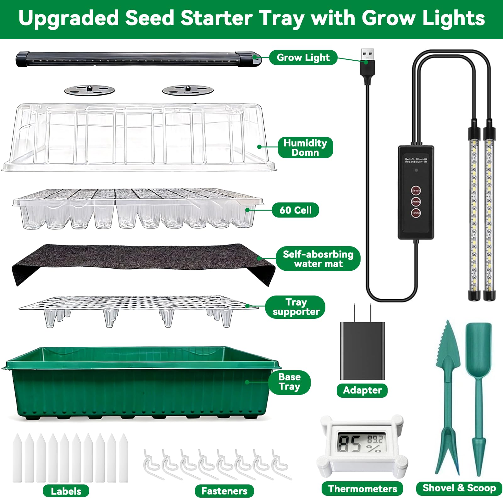 Vassoio di avviamento per semi autoirrigante con luce crescente,Kit di avviamento per semi a 60 celle con cupola di umidità, kit di germinazione dei semi, vassoi di germinazione delle piante