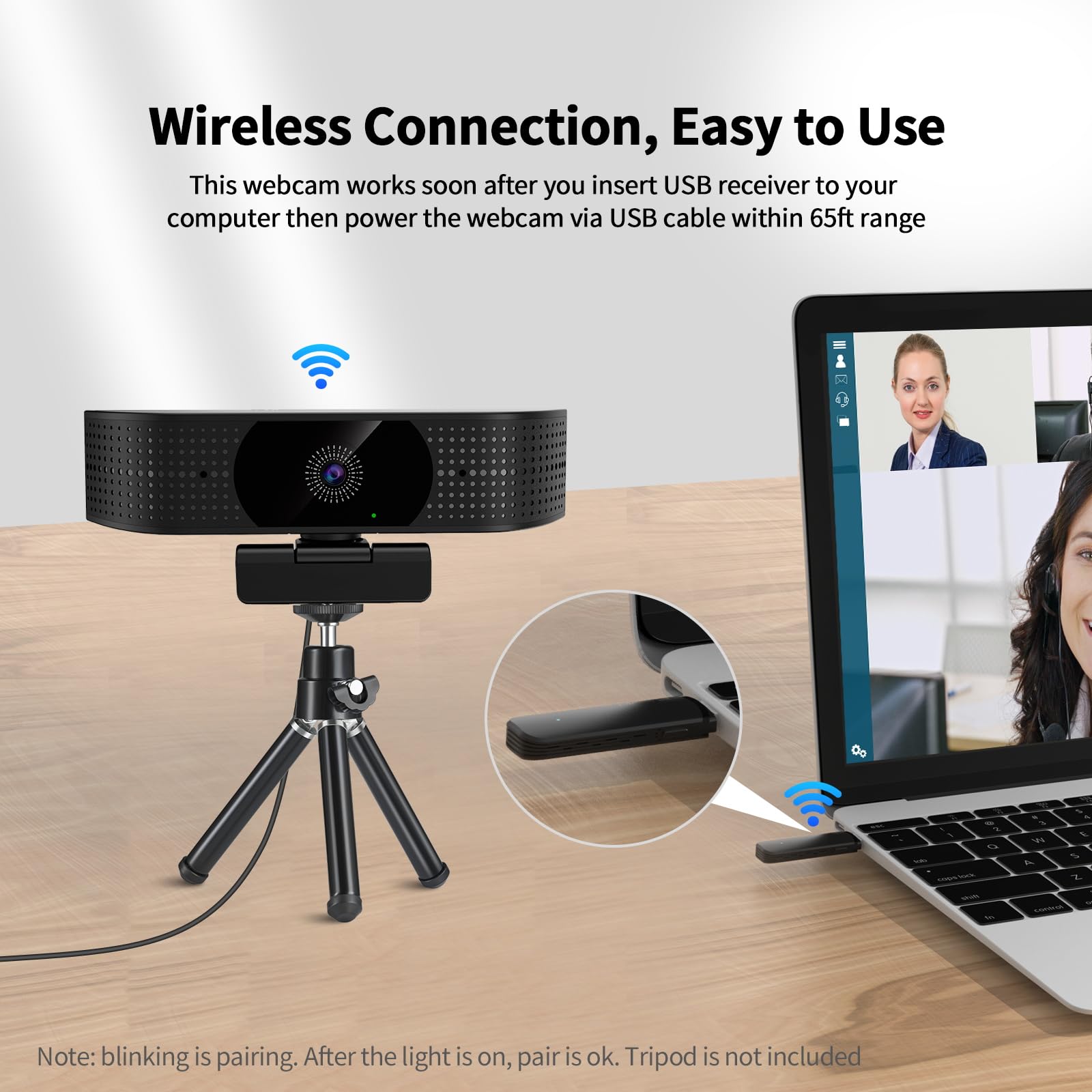Webcam wireless 1080P per PC, webcam con microfono che riduce il rumore, FOV 92°, rotazione a 360°, plug and play, fotocamera wireless funziona con Skype, zoom per conferenze, videochiamate (senza