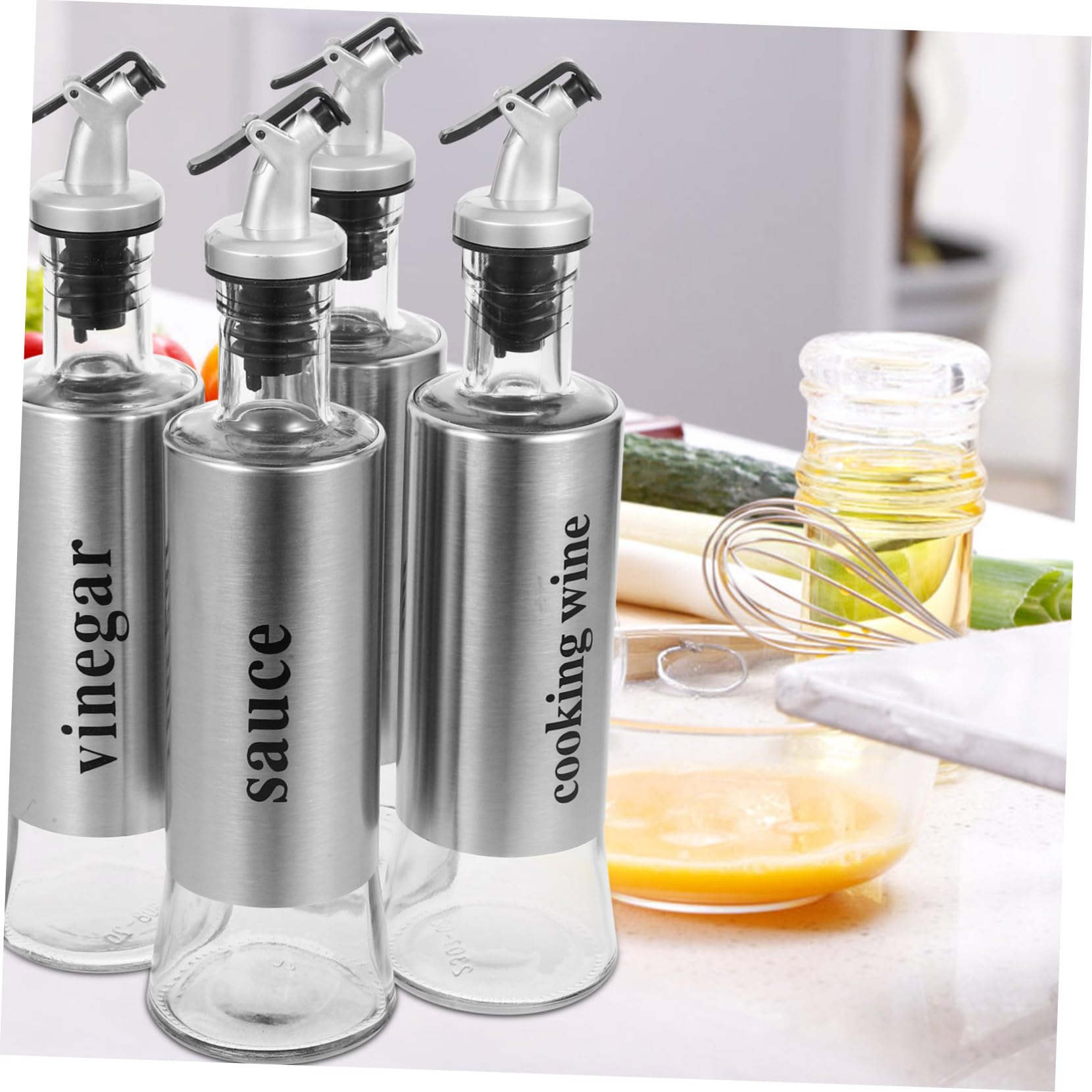 Cabilock Set de 4 Botellas Dispensadoras de Aceite y Vinagre de 300ml Diseño Elegante de Acero Inoxidable y Vidrio para Cocinas y Restaurantes