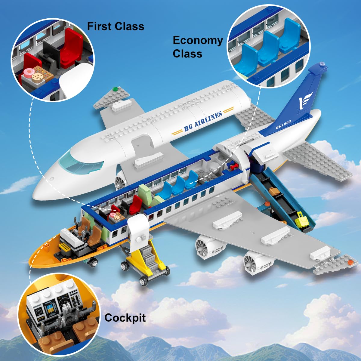 CUBIMANA 53.5CM Großes Passagierflugzeug Bausatz mit LED-Licht für Kinder | 2 Gepäckwagen, Terminal & Radarturm, Weihnachts- und Geburtstagsgeschenk für Erwachsene und Kinder ab 6 Jahren