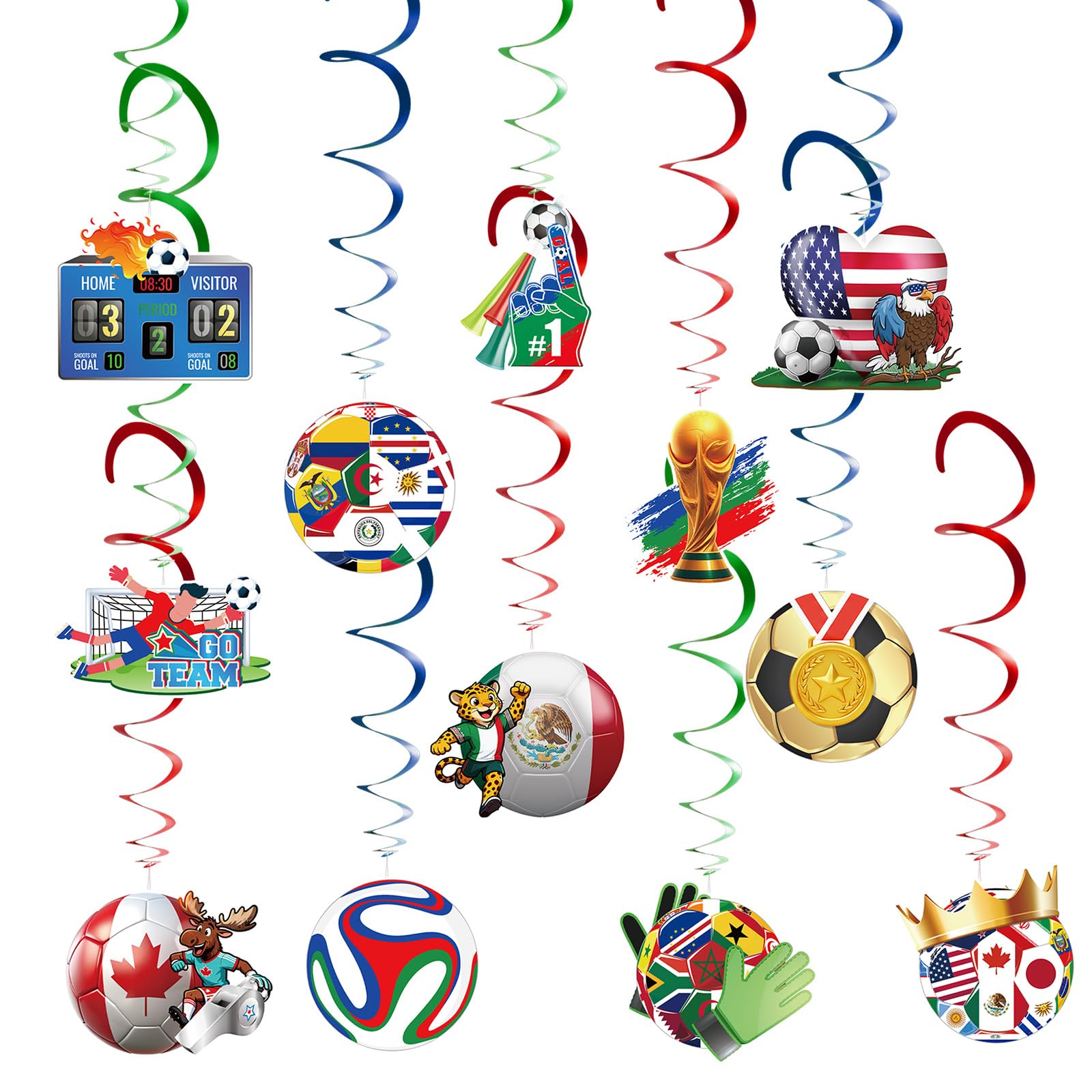 World Cup Decorations 2026, 24 PCS Football Hanging Swirls Foil Ceiling Streamers, World Cup Football Party Hanging Garland Decorations for Bar Window Birthday Soccer Party Supplies