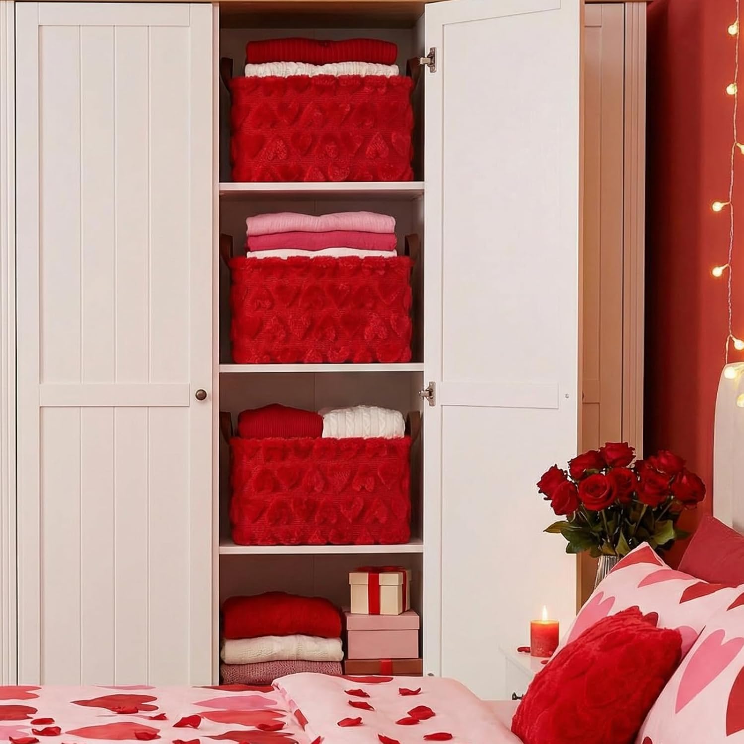 Kathfly 3 Pcs Heart Jacquard Foldable Storage Baskets Valentine's Day Plush Faux Fur Jacquard Design Laundry Basket with Handles Waterproof Storage Bins Fabric Shelf Baskets for Organizing