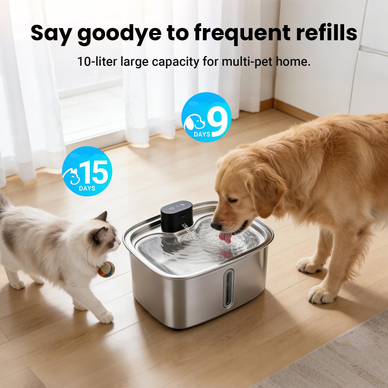 Bomba de fuente de agua para perros de 10 L, dispensador de acero inoxidable con bomba silenciosa, bomba automática de fuente de agua para perros de 2.64 galones