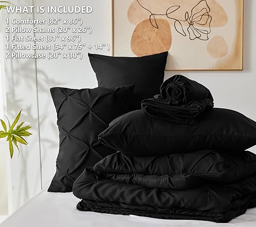 Miniatura 6 de CozyLux Juego de edredón de 7 piezas tamaño matrimonial, color negro, ropa de cama plisada en una bolsa, juego de ropa de cama plisada con edredón