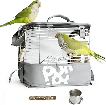 Portable Bird Travel Cage Backpack Durable Stainless Steel Mesh Carrier with Stand/Tray, for Parrots, Cockatiels, Conures, and Parakeets Perfect for Outdoor Adventures Grey