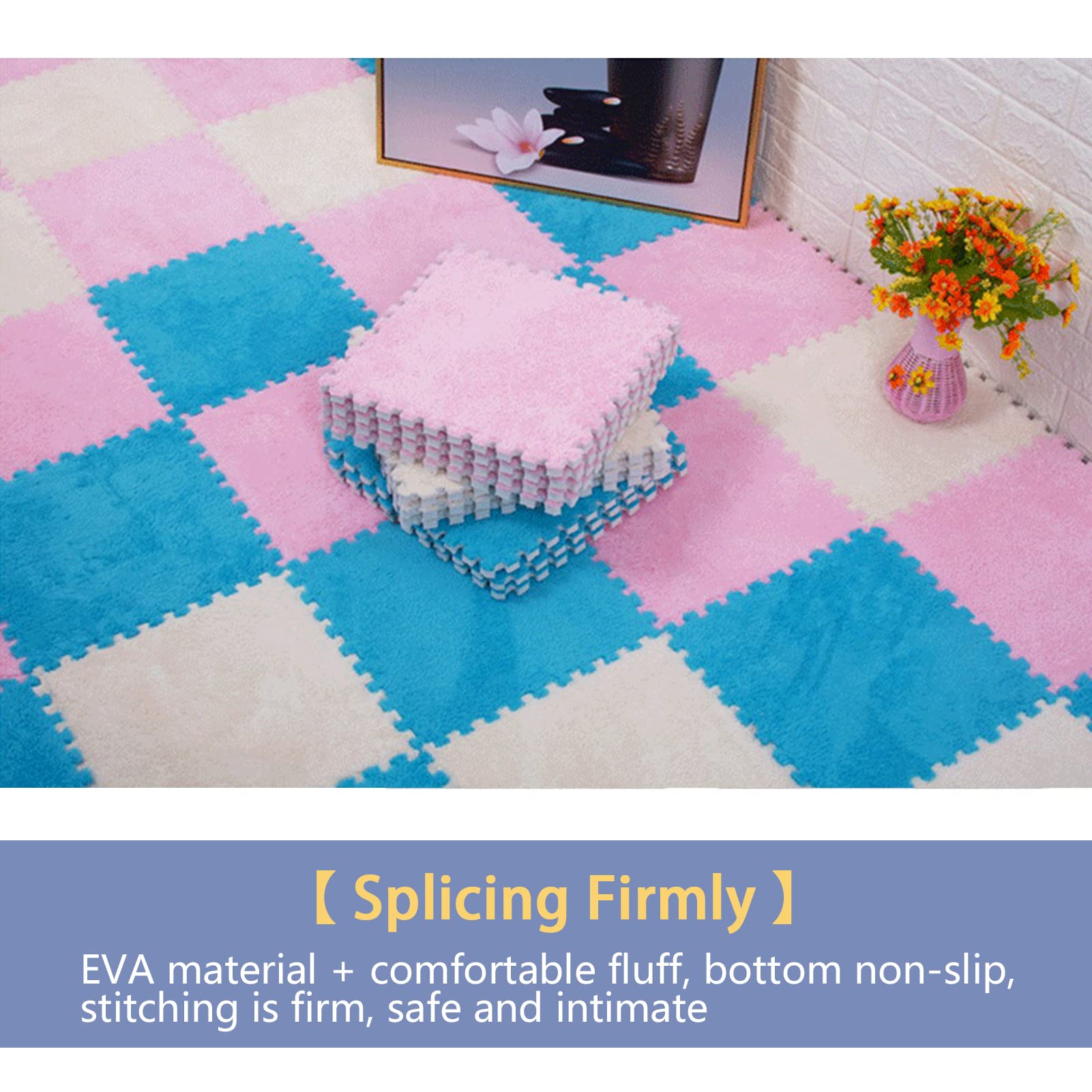 Palymats Tapis en Mousse en Peluche emboîtable 12 pièces, Dalles de Tapis en Mousse, Tapis de Jeu Puzzle 12 "x 12", Tapis Doux for l'exercice, Le Yoga, la Salle de Jeux(White+Light Blue+Gray)
