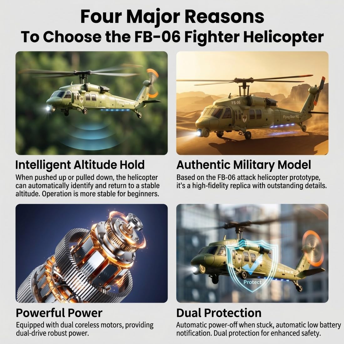 Elicottero RC FB06, motore brushless da 2,4 GHz, giroscopio a 4 canali a 6 assi, mantenimento dell'altezza e flusso ottico, illuminazione a LED (3 batterie)
