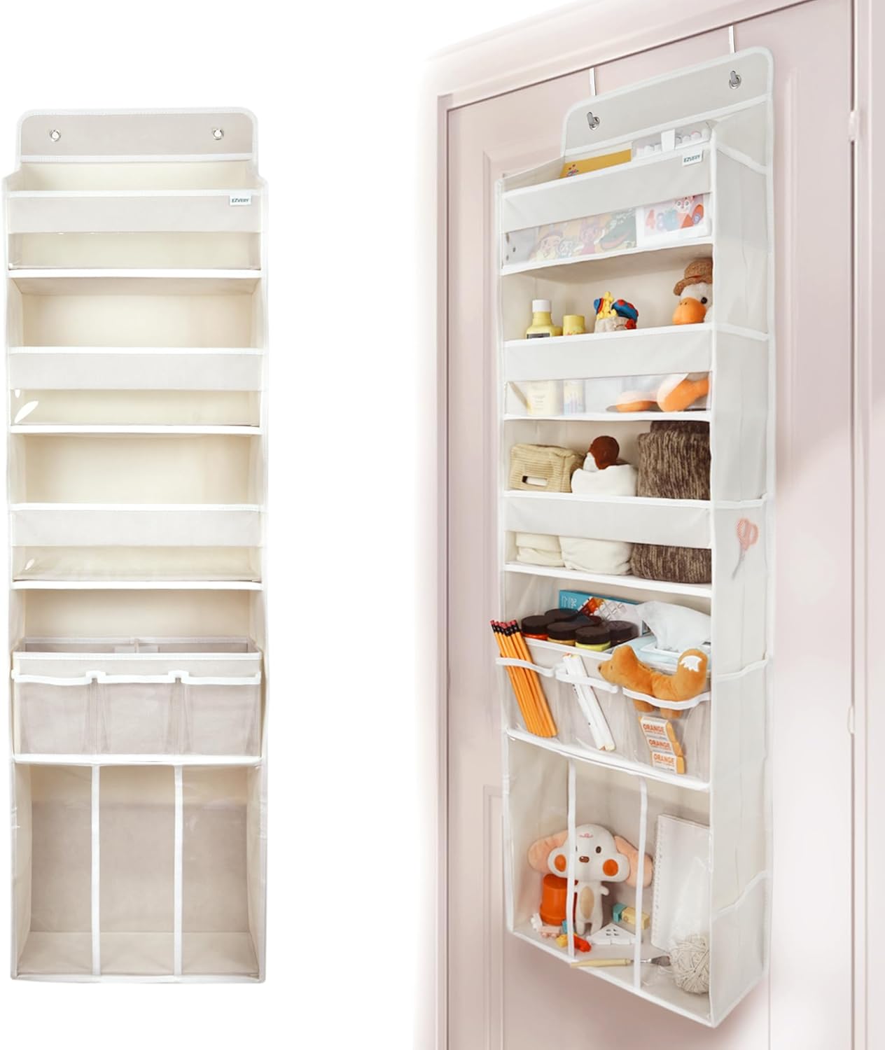 Door Hanging Storage Organizer,with 3 Bins 1 Movable Baby Diaper Caddy,1 Large capacity diaper stacking storage Organizer,10 Side Pockets ,Bedroom Door Storage for Nursery Baby Essentials. (Beige) - Image 3