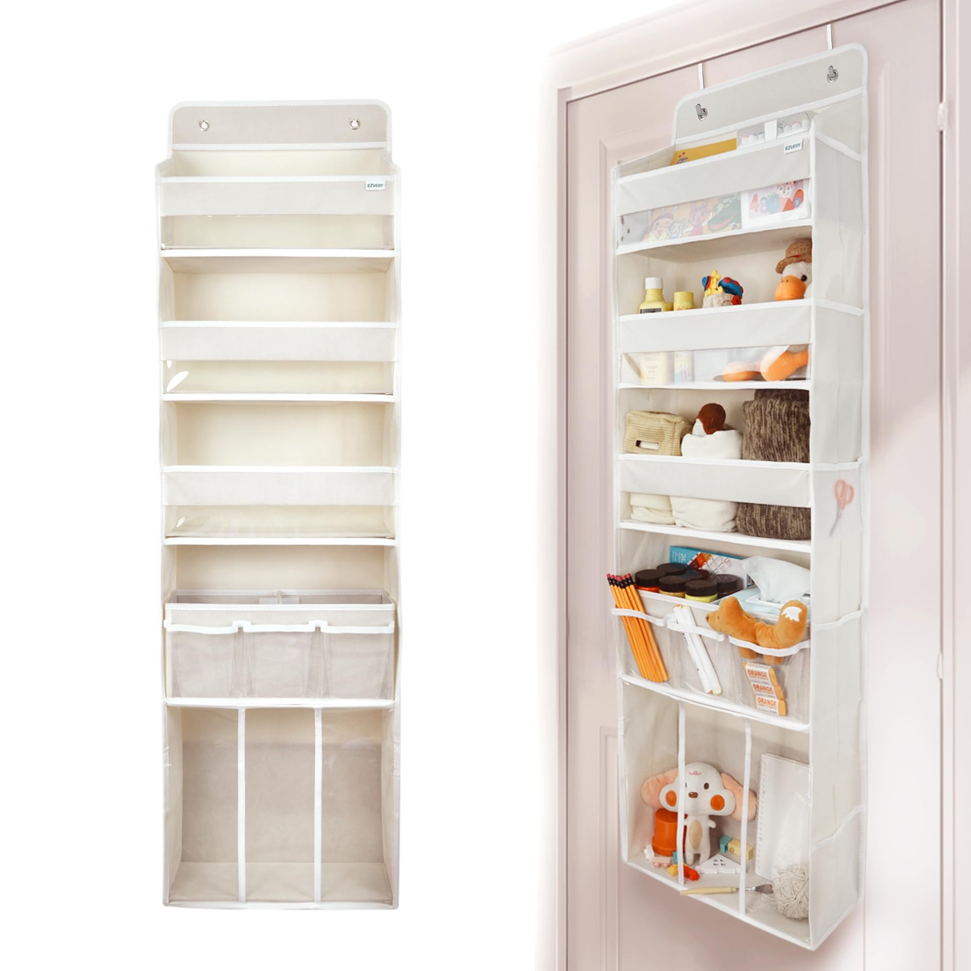 Organiseur de rangement à suspendre à la porte, avec 3 bacs, 1 panier à langer mobile pour bébé, 1 organiseur de rangement empilable de grande capacité, 10 poches latérales, rangement de porte de