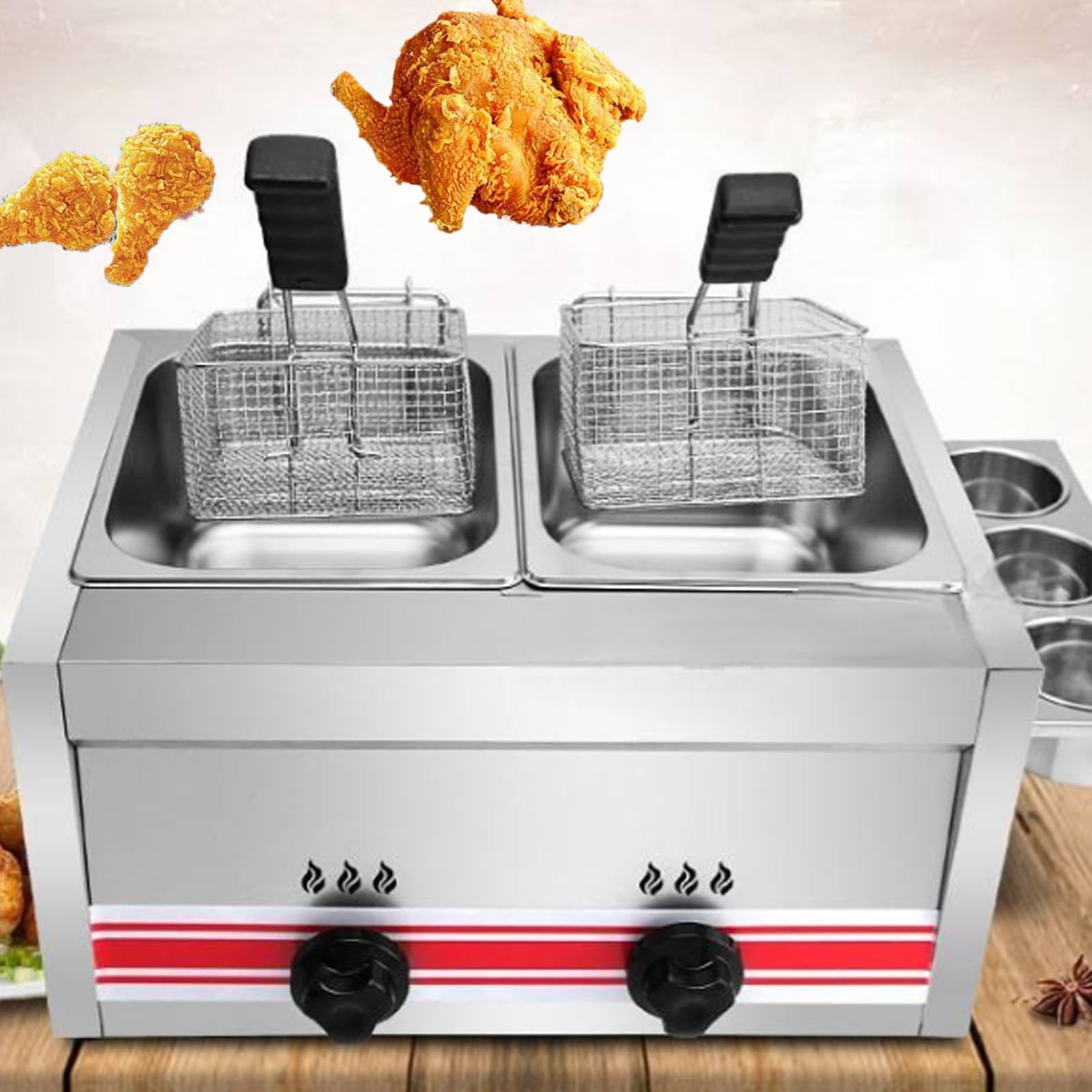 Friggitrice a gas, grande capacità, in acciaio inox, per uso domestico e commerciale, potenza di fuoco regolabile con cestini e coperchi, perfetta per patatine, ciambelle e pesce
