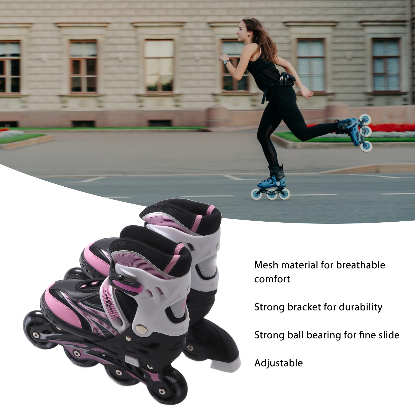 Kids Skates, Pink M Roller Blades Adjustable PU Mesh Stable Slide Roller Skates for Girl Boy Teen