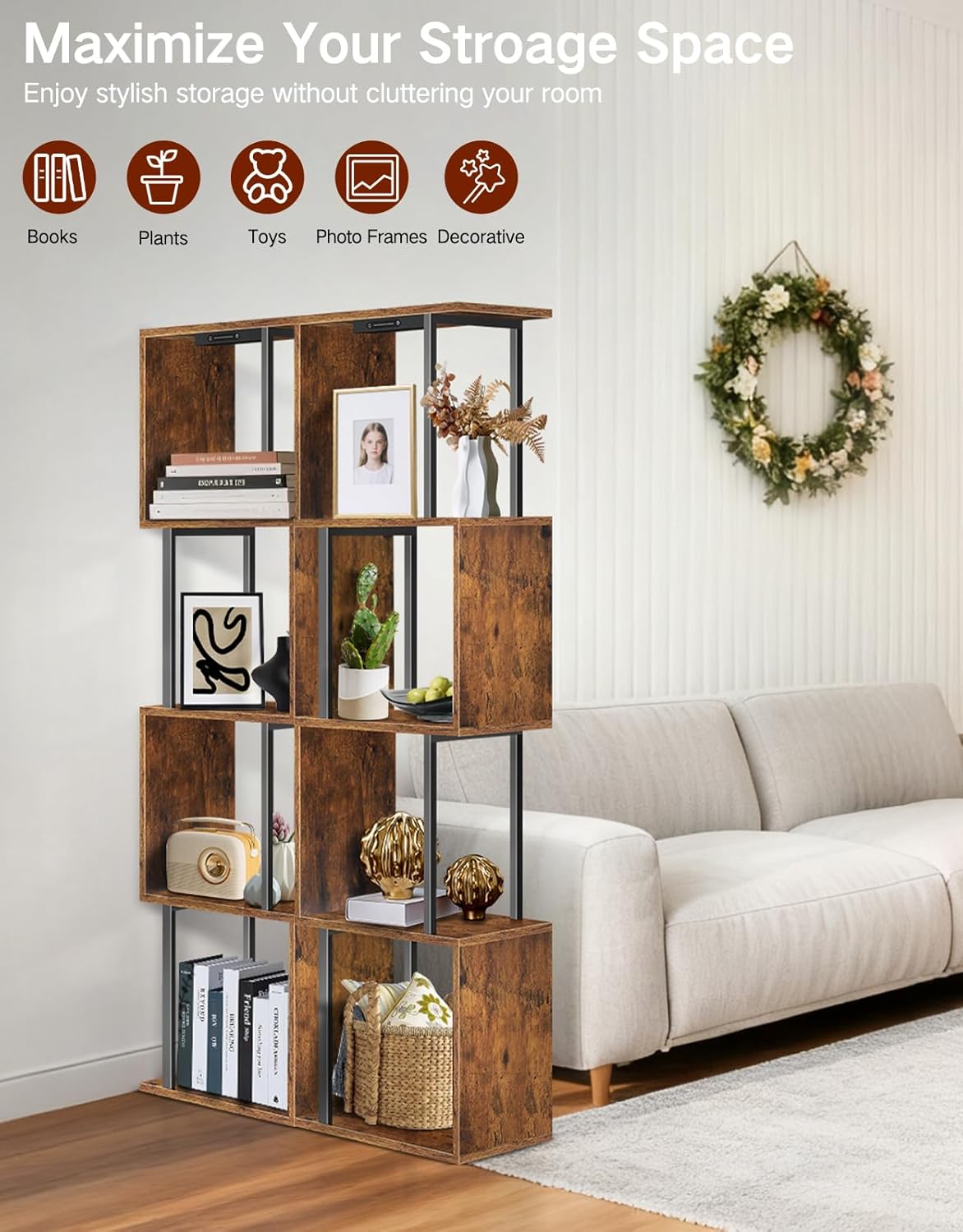 5 Tier S-Shaped Geometric Bookshelf with LED Light, 3 Color Temperatures, Touch & Remote Control, Dimmable Standing Bookcase, Small Display Shelf for Living Room, Bedroom, Office