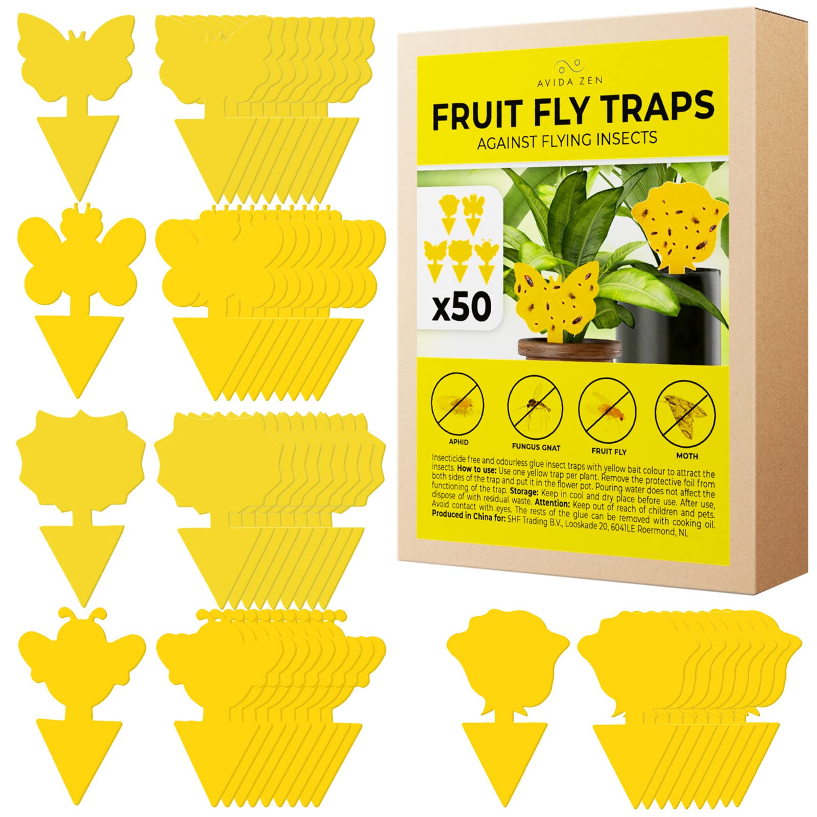 Fruit Fly Traps 50 Pcs - Double Sided Yellow Sticky Insect Control For Indoor and Outdoor - Sticky Fly Catcher - 5 designs