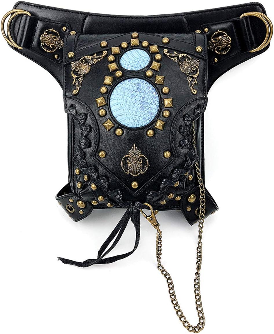 MALAYAS Women Men Leather Steampunk Bag Vintage Shoulder Steampunk Handbag Gothic Waist Packs Leg Bag, Fleur de Lys & Circles, CFB004-2