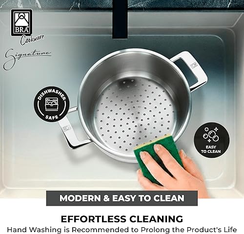 Miniatura 3 de BRA COOKWARE Signature Colador  Vaporizador profesional de 9.5 pulgadas - 4 cuartos de galón  Colador de acero inoxidable  Compatible con cazuela