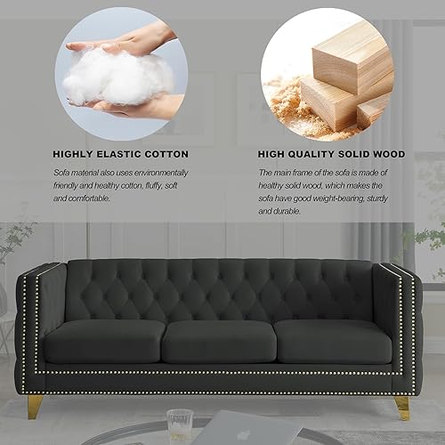 Miniatura 8 de Modern 3 Seater Couch Black Velvet Sofa Upholstered Button Tufted Nailhead Trim, Square Arm Loveseat Sofa, Sturdy Golden Metal Legs, 80.5'' Couch
