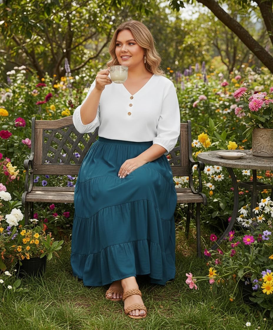 Beautybatik Women Boho Gypsy Summer Elastic Waist Renaissance Maxi Flowy Long Tiered Plus Size Skirt XL to 3X