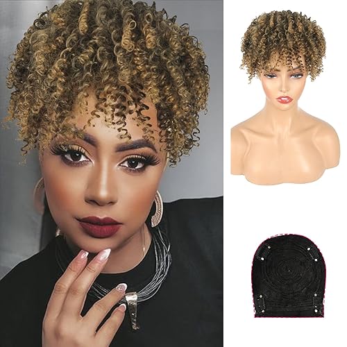CINHOO Peluca rizada para hombre, pieza de cabello para mujer, cabello con flequillo, extensiones de cabello con clip para mujeres negras, pelucas