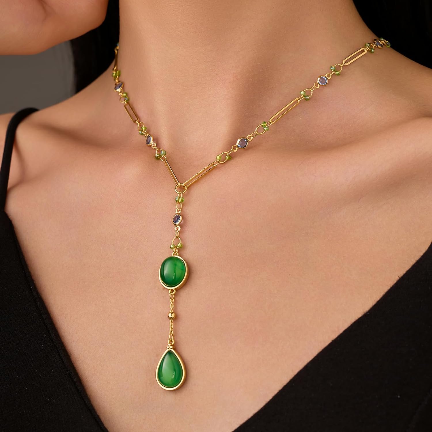 GZQ Long Y Necklaces for Women Boho Trendy，Fashion Lariat Green Gemstone Drop Necklace(N51) - Image 2