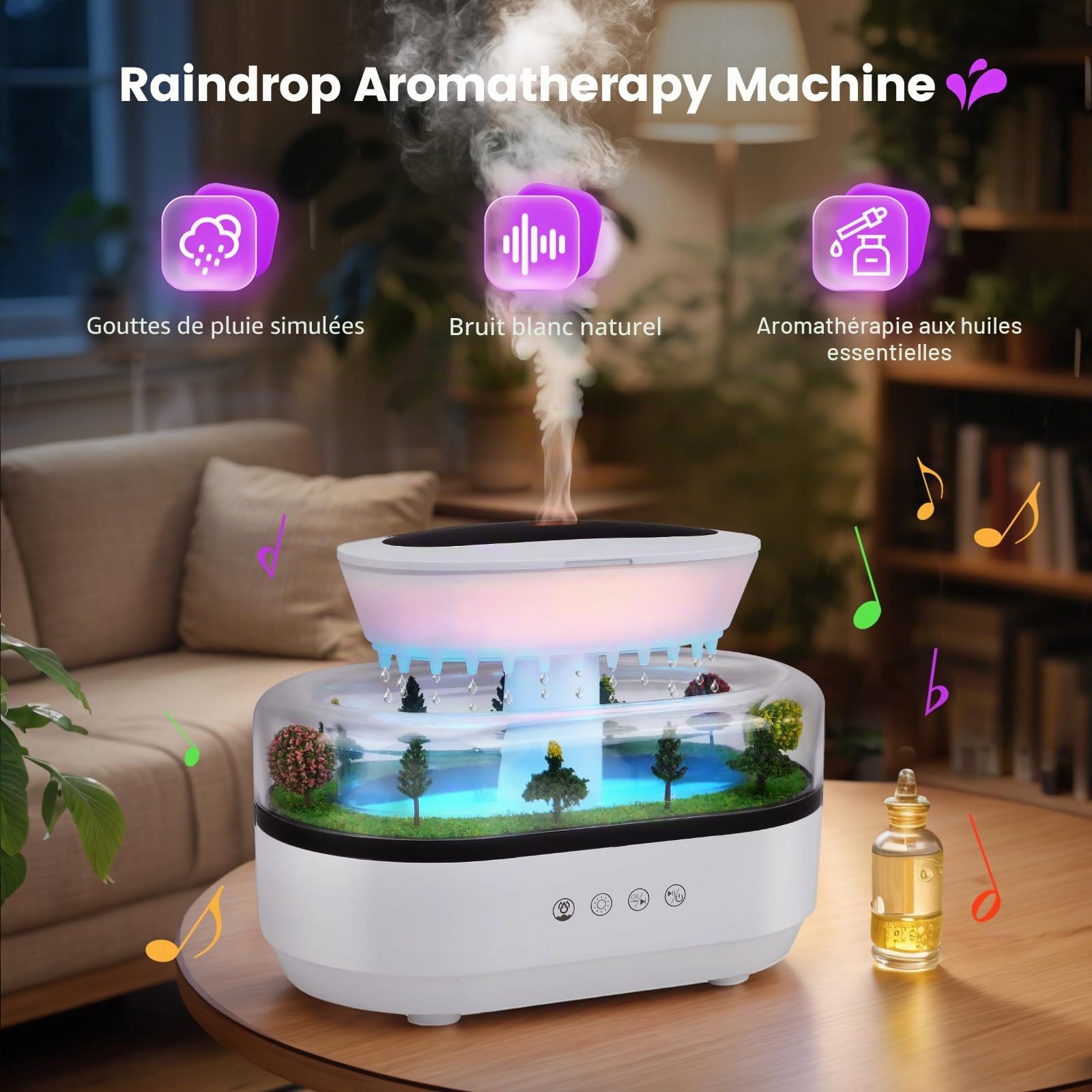 Diffuseur d'Aromathérapie, 250ML Humidificateur d'air à Effet Gouttes de Pluie avec Micro-Paysages, Lumières LED 7 Couleurs et Bruit Blanc, pour Chambres à Coucher et Chambres d'enfants