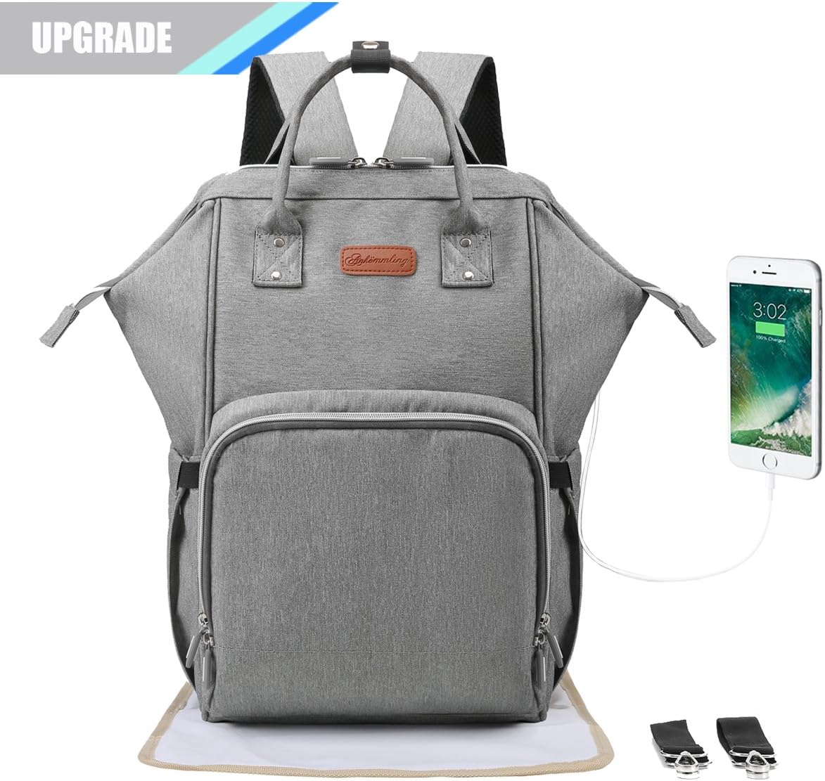 Double Elite Baby Changing Backpack [UPGRADED VERSION], Wide Open Large Baby Diaper Bag Changing Rucksack for Mums and Dads, Pram Bag with USB Port, Stroller Straps and Changing Mat, Grey