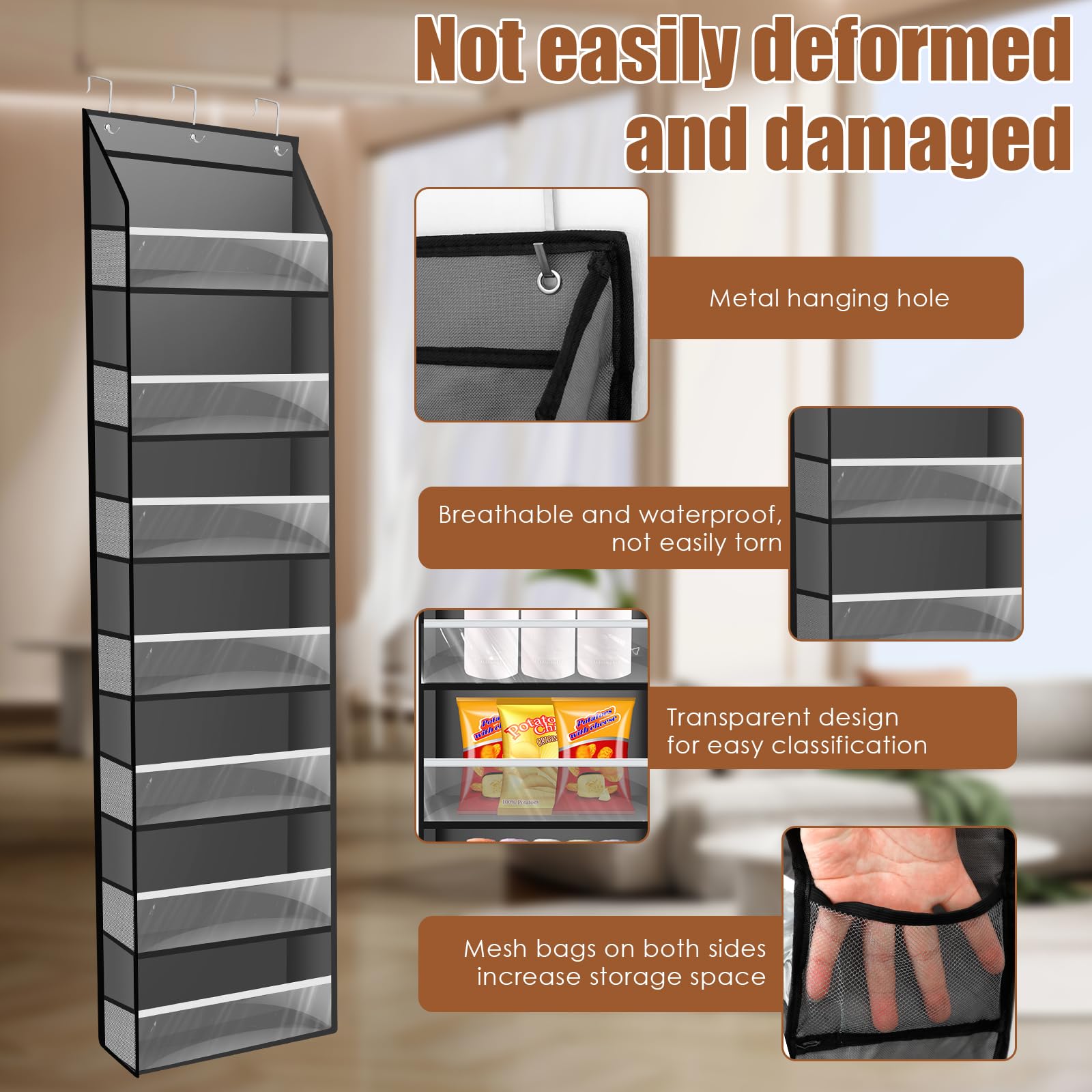 Organizer da porta a 8 ripiani, in metallo, da appendere, con cestino regolabile, per cucina, per bagno, cucina, dispensa, 45 x 14 x 170 cm