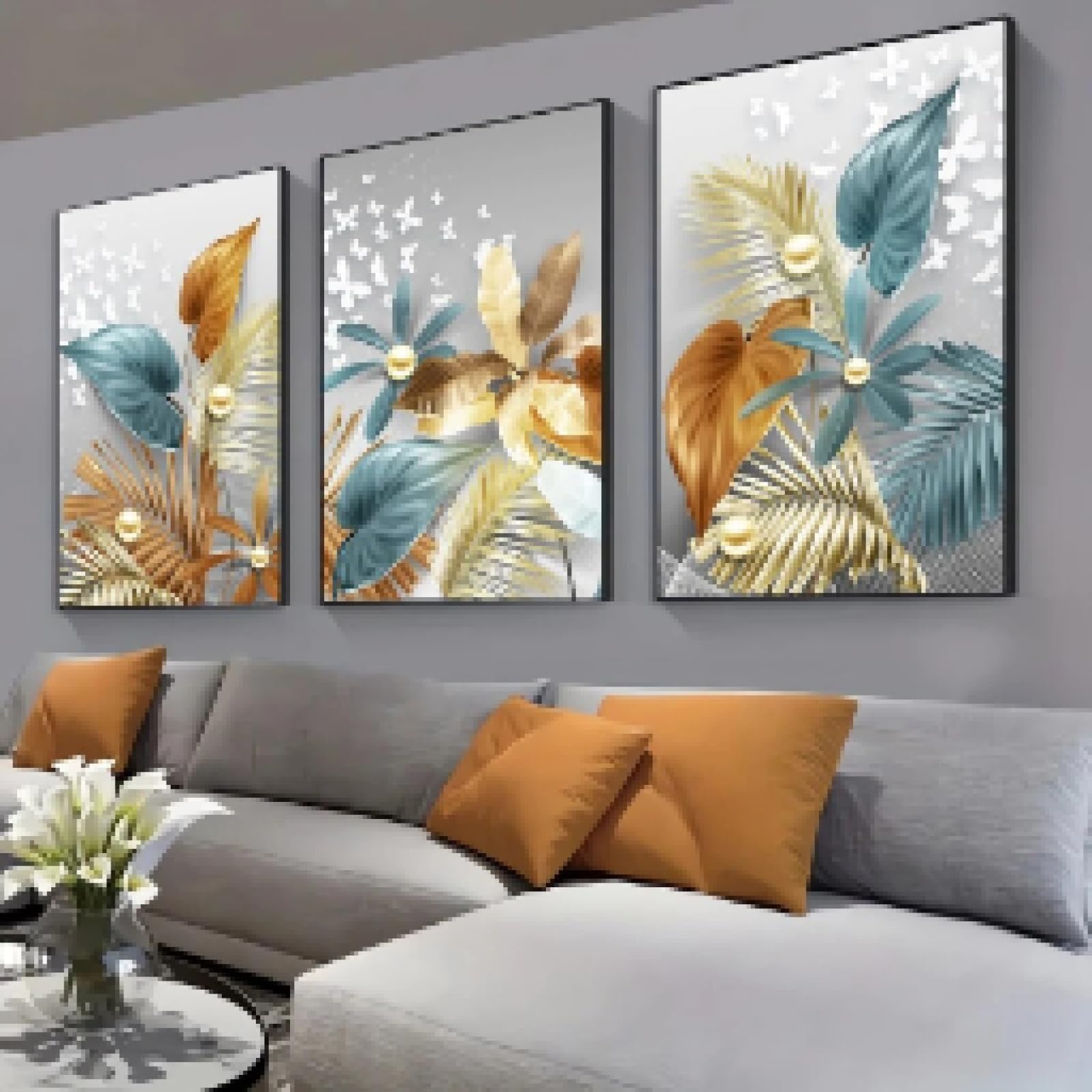 lianyibo 3 szt. złote liście motyl tropikalna roślina abstrakcyjna płótno malarstwo liść palmowy plakat nowoczesny druk obraz ścienny 20 x 30 cm x 3 rama