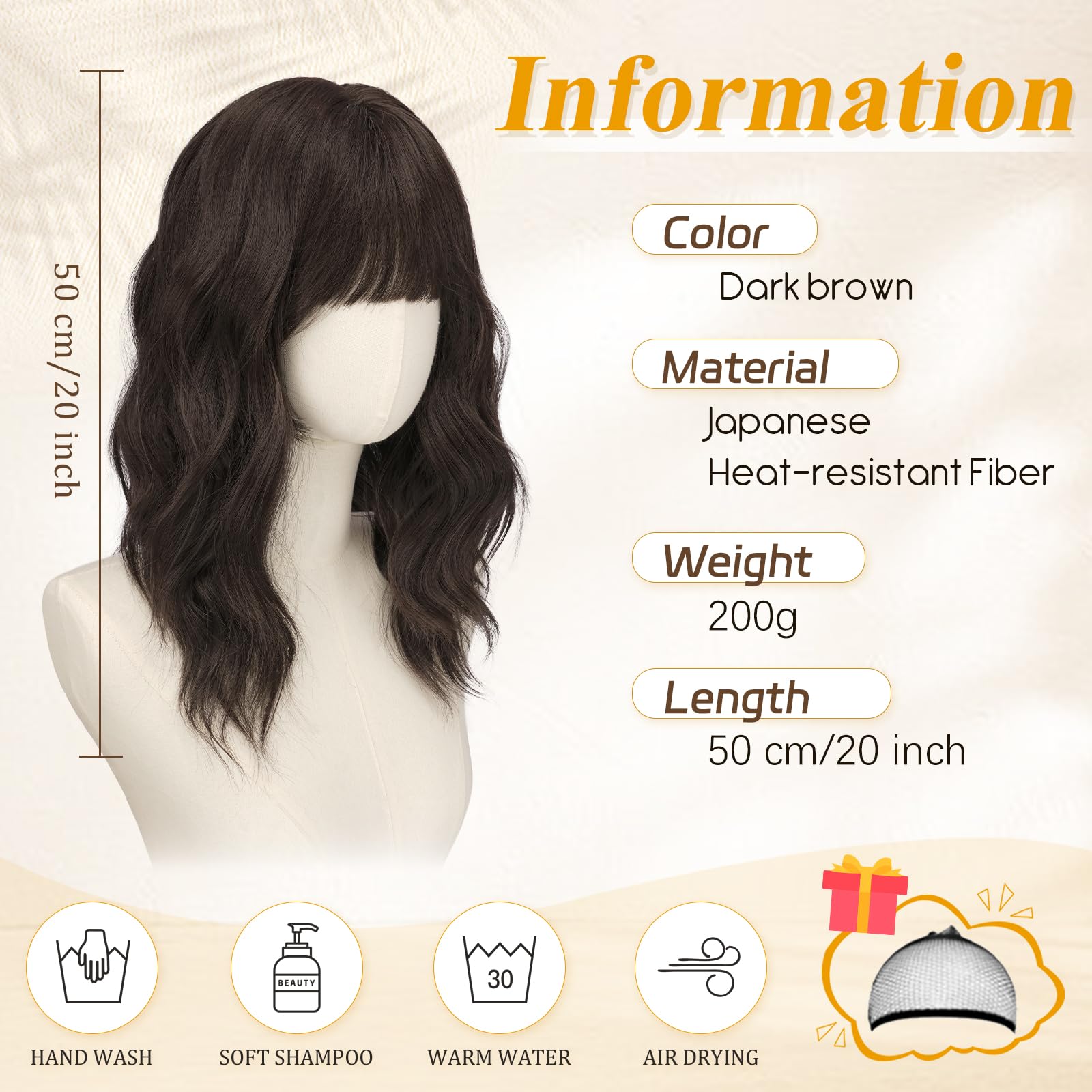 RUWISS Perruque Ondulée Brun Foncé Mi-longue 50 cm avec Frange, Naturel Layered Perruques pour Femme Cheveux Synthétiques Résistantes pour Usageet Quotidien et Cosplay