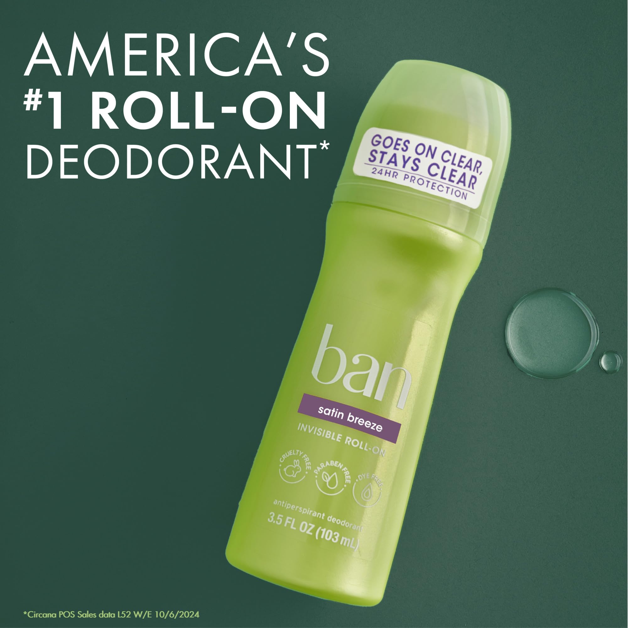 Ban Satin Breeze 24-Stunden-Invisible Antitranspirant, 3.5oz Roll-on Deodorant für Frauen und Männer, 4er-Pack, Unterarm Nassschutz, mit Odor-Kampfzutaten