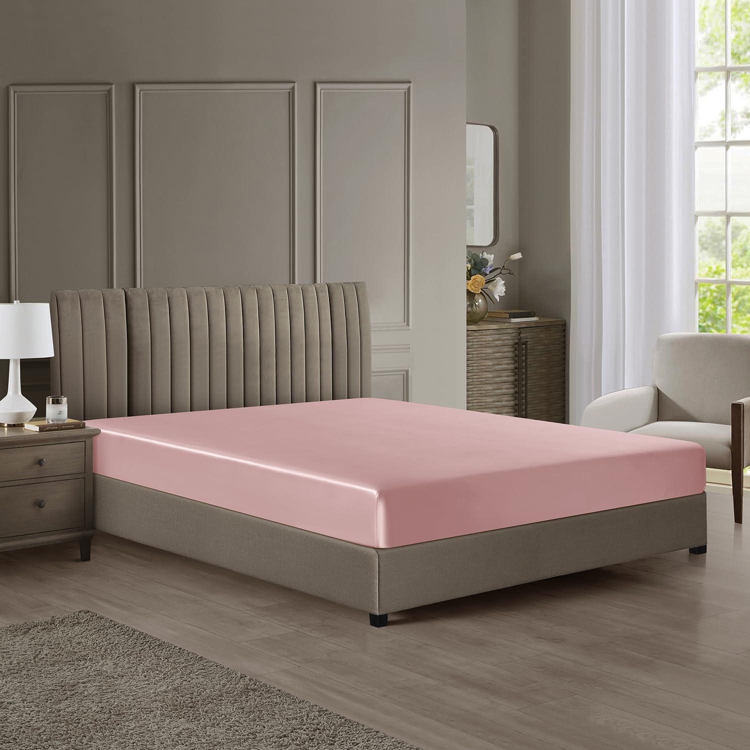DISANGNI 22 Momme 6A Grade 100% Mulberry Silk Fitted Sheet, Oeko-Tex Certified, 1 Piece Luxury Soft Silk Fitted Sheet, Deep Pocket (Pink, 140x190+30cm)