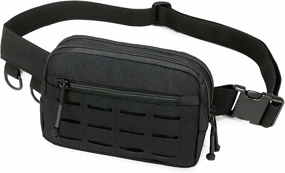 Small Waist Bag Fanny Pack for Men Women, Military Style Belt Bag with MOLLE System, Water-Resistant & Adjustable Strap for Running, Hiking, Festivals, Gym Black