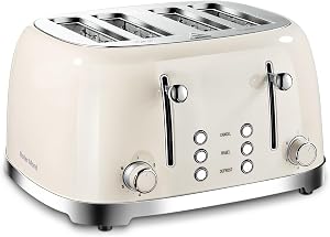 Roter Mond 4 Slice Toaster Retro Stainless Steel Toasters with Bagel Defrost Cancel Function, 6 Browning Settings, Extre Wide Slot, Cream