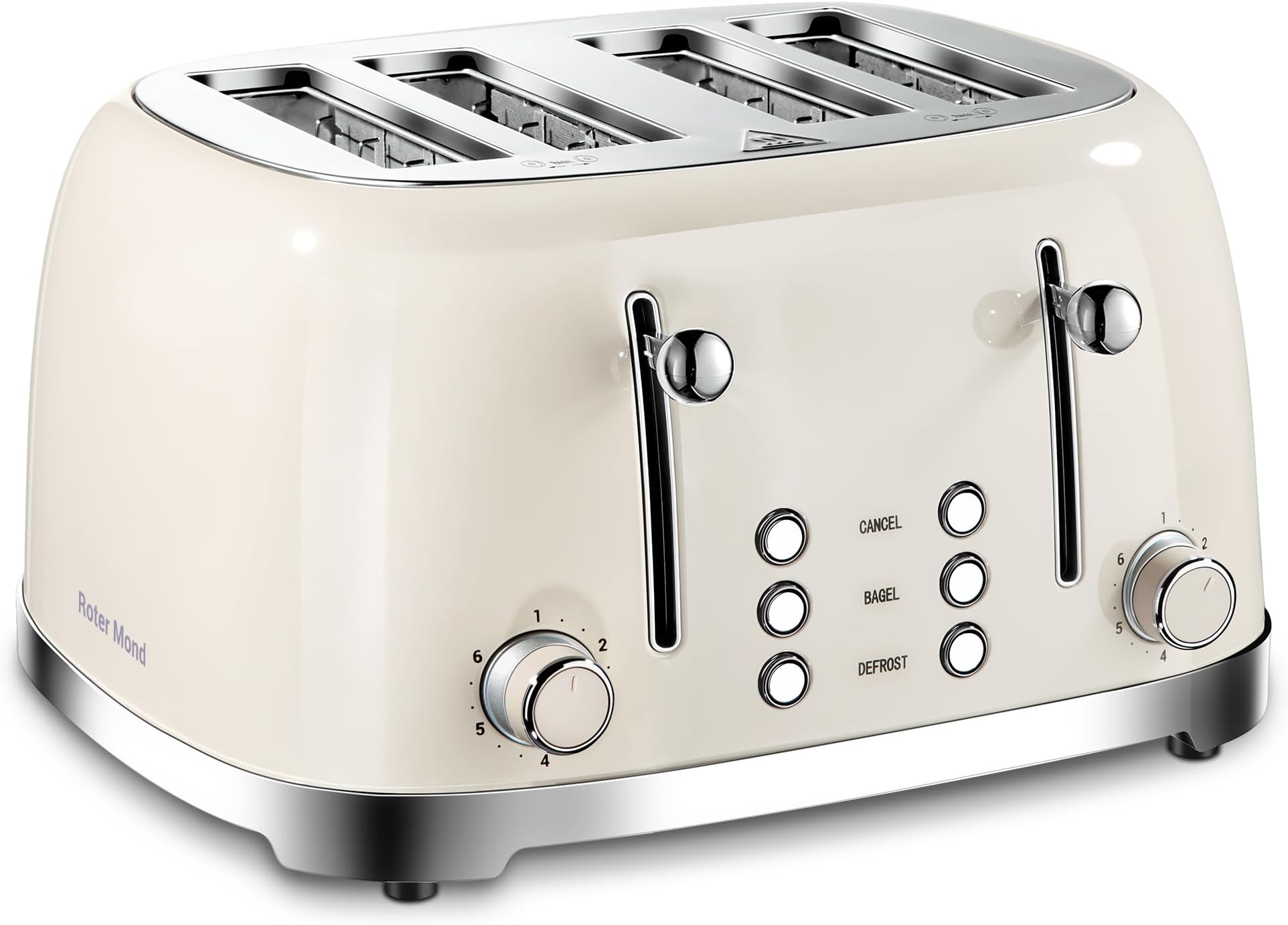 4 Slice Toaster Roter Mond Retro Stainless Steel with Bagel Defrost Cancel Function, 6 Browning Settings, Extre Wide Slot and Removable Crumb Tray, Cream, ST033